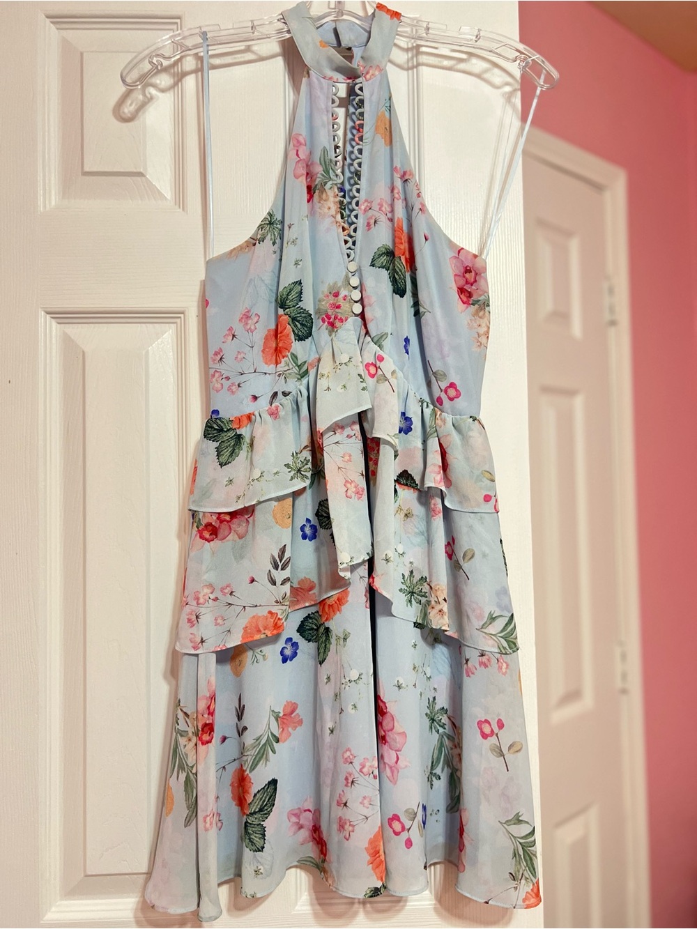 Express Light Blue Floral Halter Ruffle Dress size 0